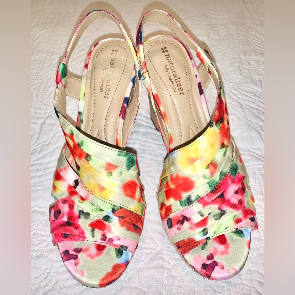 Naturalizer Lulianna Womens Comfort Cork Wedge Sandal Floral Satin Size 7.5M NEW